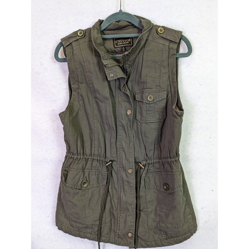 C Esttoi Women size M Vest Green Army Button Up Zip Waist Sherpa Lining Jacket - Picture 10 of 13